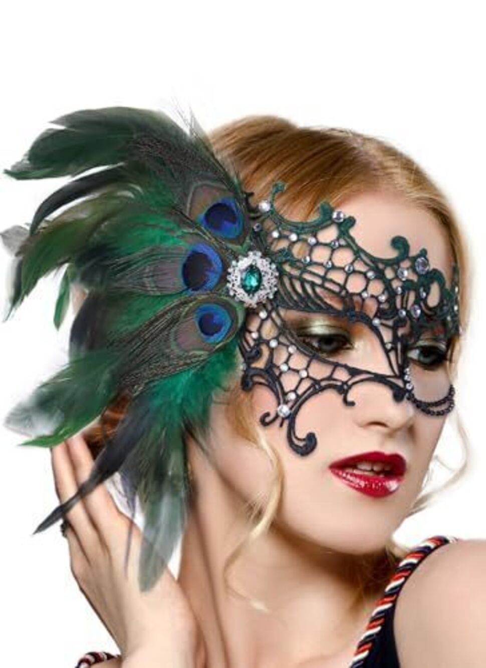 8531 Halloween Masquerade Masks -2026 Black Green Peacock Feather Lace